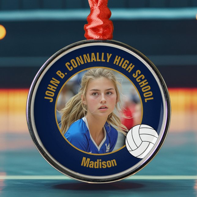 Navy Blue Gold Volleyball Player Photo Christmas Metal Ornament (Creator Uploaded)