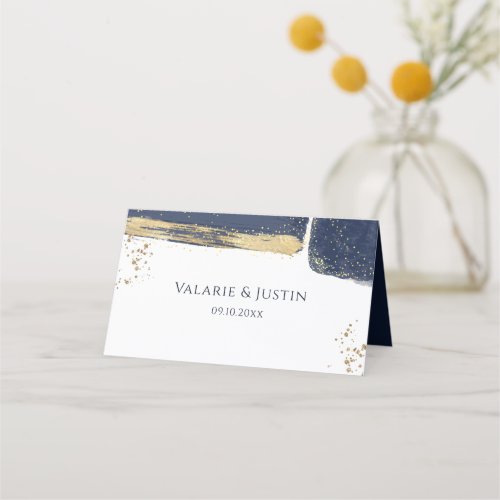 Navy Blue  Gold Watercolor Abstract Wedding Place Card