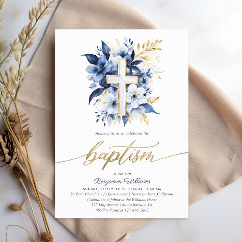 Navy Blue  Gold Watercolor Baptism  Invitation