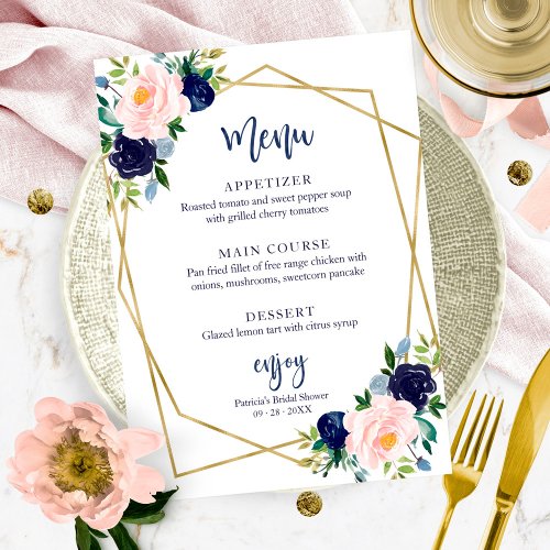 Navy Blue Gold Watercolor Bridal Shower Menu Invitation