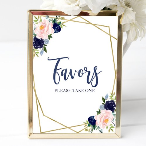 Navy Blue Gold  Watercolor Floral Favors Sign