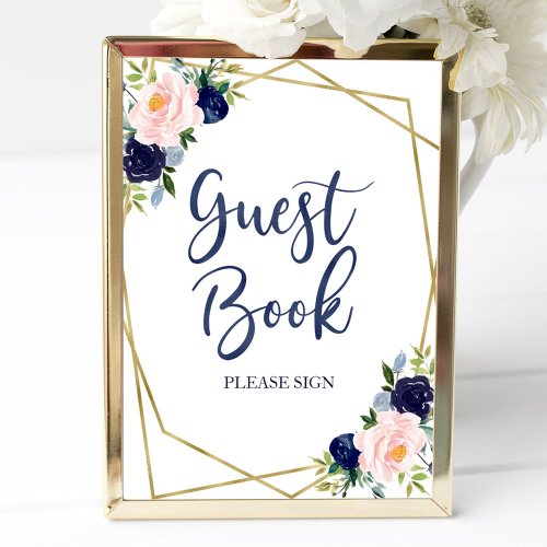 Navy Blue Gold Watercolor Floral Guest Book Sign