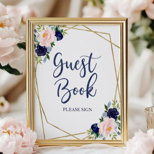 Navy Blue Gold Watercolor Floral Guest Book Sign
