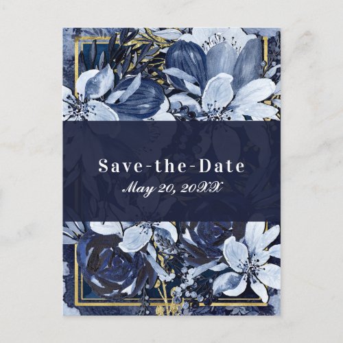 Navy Blue Gold Watercolor Floral Save the Date Announcement Postcard
