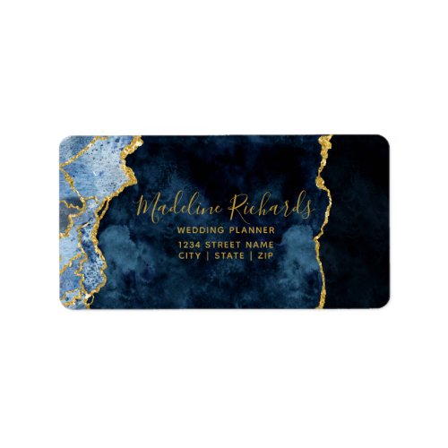 Navy Blue  Gold Watercolor Marble Agate Gilded Label