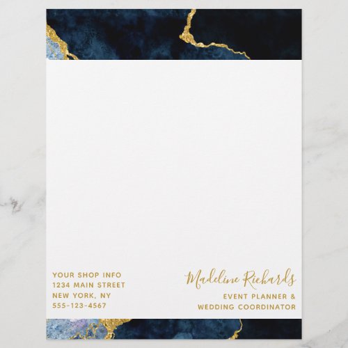 Navy Blue  Gold Watercolor Marble Agate Gilded Letterhead