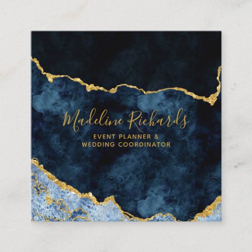 Navy Blue  Gold Watercolor Marble Agate Gilded Square Business Card
