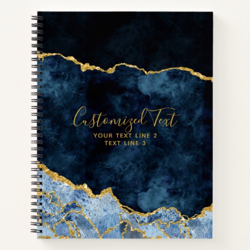 Navy Blue  Gold Watercolor Marble Agate Gilt Notebook
