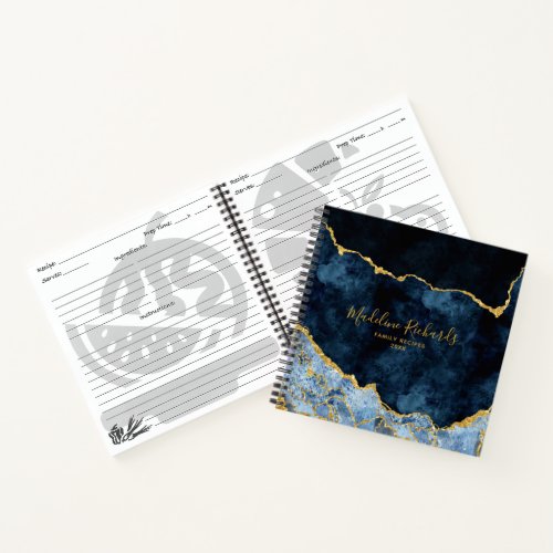 Navy Blue  Gold Watercolor Marble Agate Recipe Notebook