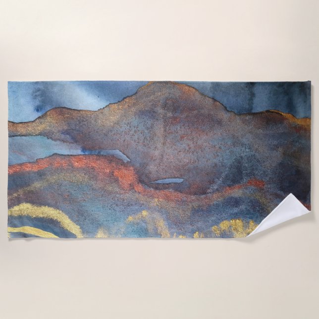 Navy Blue & Gold Watercolor Marble Modern Abstract Beach Towel (Front)