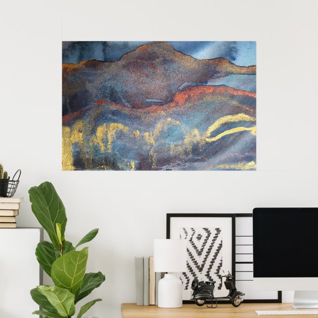 Navy Blue & Gold Watercolor Marble Modern Abstract Poster (Home Office)