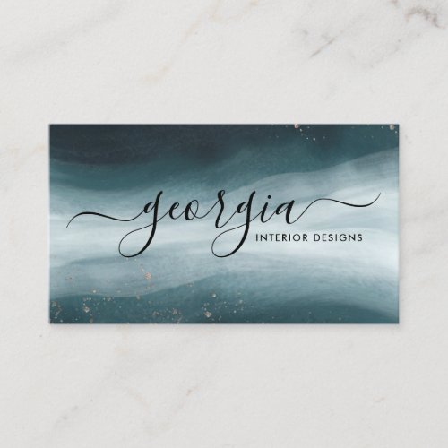 Navy Blue  Gold Watercolor Ocean Wave  Signature Business Card