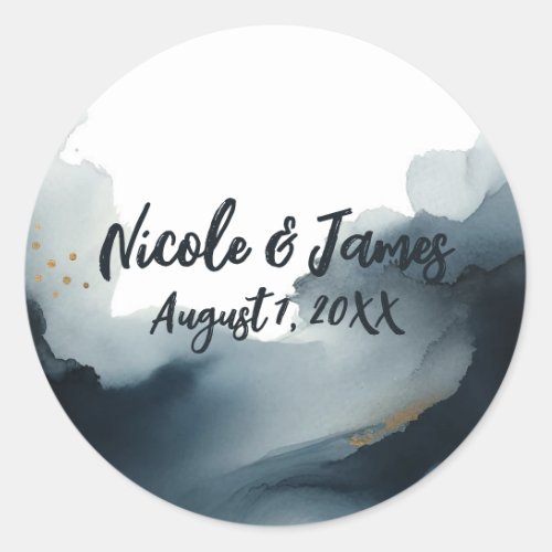 Navy Blue  Gold Watercolor Wedding Classic Round Sticker