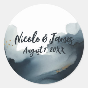 Navy Blue & Gold Watercolor Wedding Classic Round Sticker