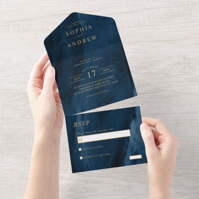 Navy Blue & Gold  Wedding  All In One Invitation (Tearaway)