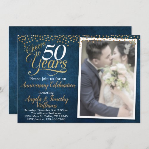 Navy Blue Gold Wedding Anniversary Invitation