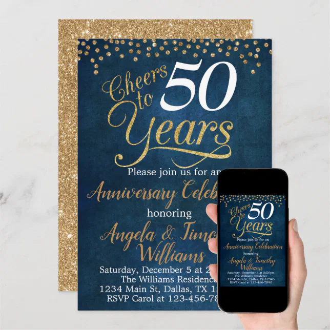 Navy Blue Gold Wedding Anniversary Invitation 