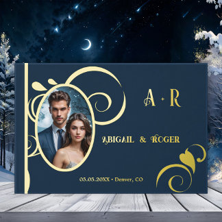 Navy Blue Gold Wedding Custom Photo Real Foil Foil Guest Book