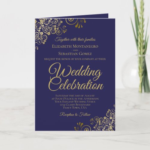 Navy Blue  Gold Wedding Invitation  Program