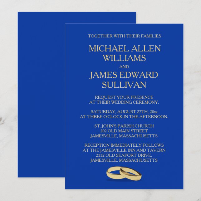 Navy Blue, Gold Wedding Invitations for Two Grooms (Front/Back)