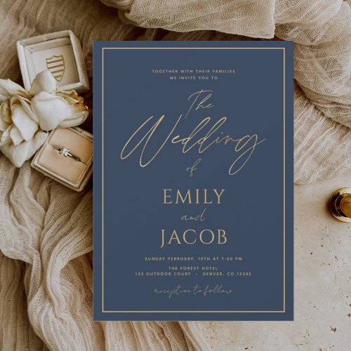Navy Blue Gold Wedding Modern Script Invitation