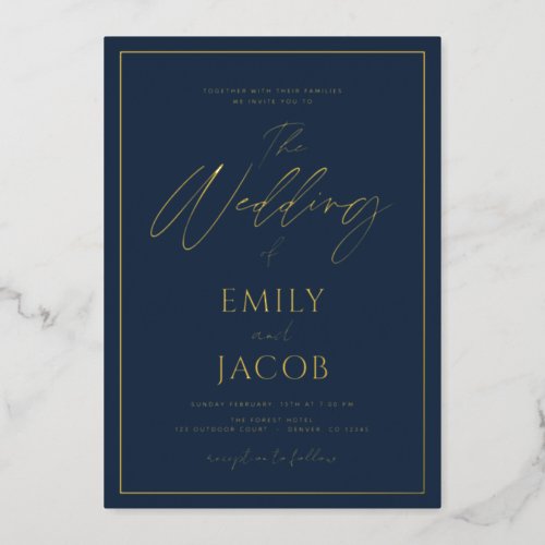 Navy Blue Gold Wedding Modern Typography Foil Invitation