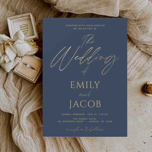 Navy Blue Gold Wedding Modern Typography Script Foil Invitation