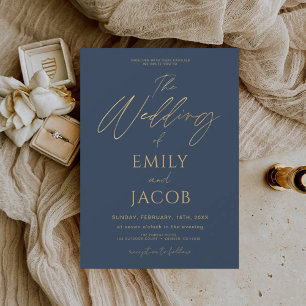 Navy Blue Gold Wedding Modern Typography Script Invitation