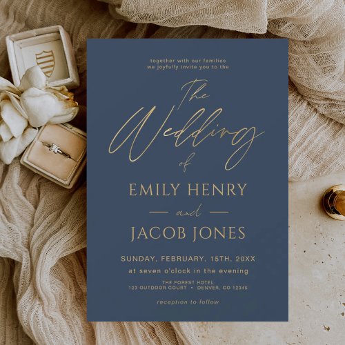 Navy Blue Gold Wedding Modern Typography Script Invitation