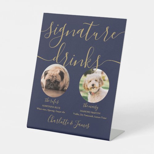 Navy Blue Gold Wedding Pet Dog Signature Drinks Pedestal Sign