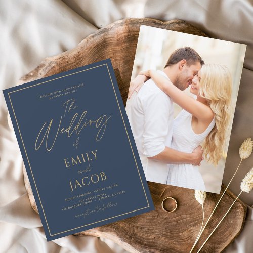 Navy Blue Gold Wedding Photo Picture Typography Invitation