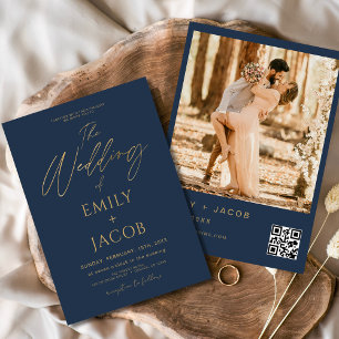 Navy Blue Gold Wedding QR Code Photo Invitation