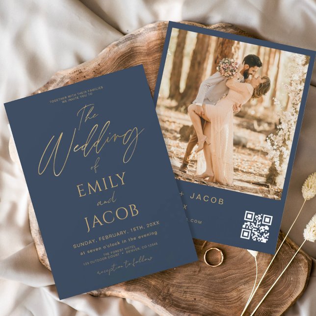 Navy Blue Gold Wedding QR Code Photo Script Invitation (Creator Uploaded)