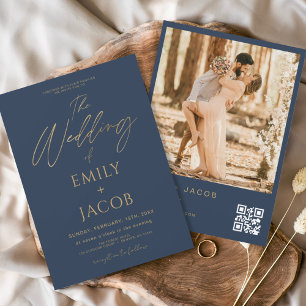 Navy Blue Gold Wedding QR Code Photo Script Invitation