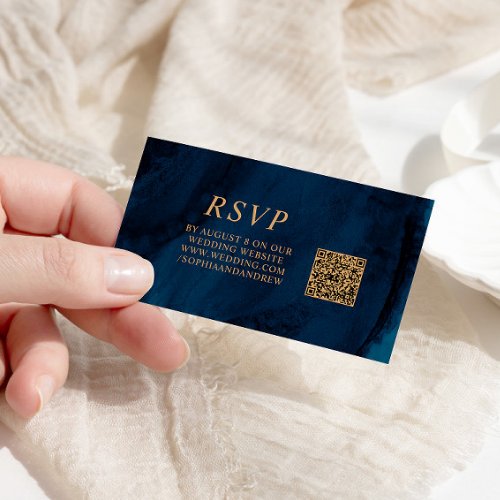 Navy Blue  Gold Wedding QR Code RSVP Enclosure Card