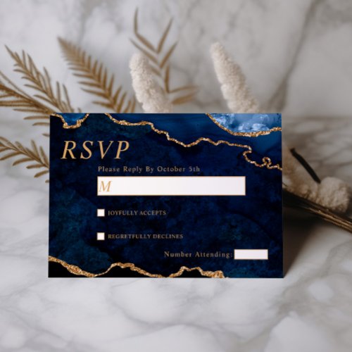 Navy Blue  Gold Wedding RSVP Card