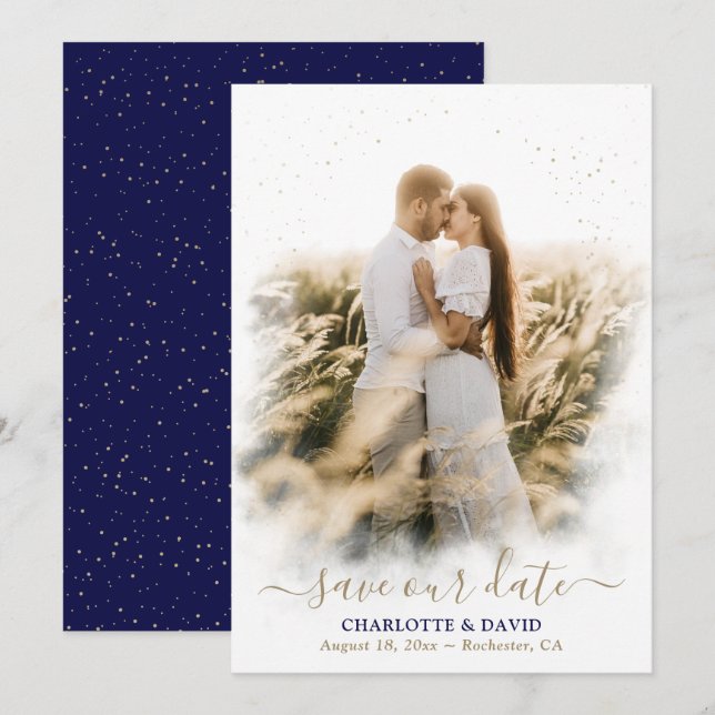 Navy Blue Gold Wedding Save Our Date Photo Card (Front/Back)