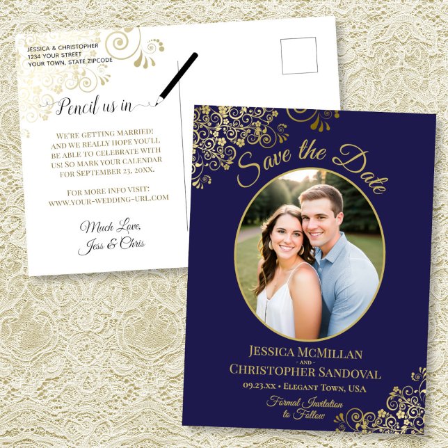 Navy Blue & Gold Wedding Save the Date Oval Photo Announcement Postcard (Front/Back)