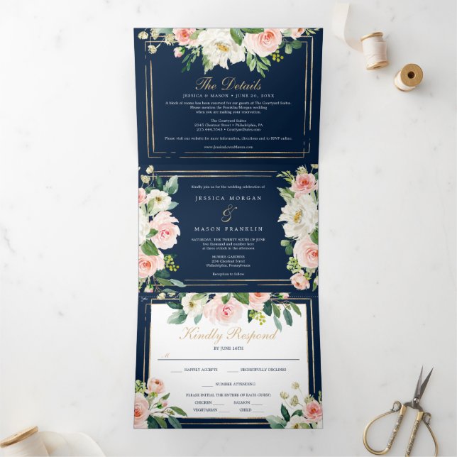 Navy Blue Gold Wedding Tri-Fold Invitations RSVP (Inside)