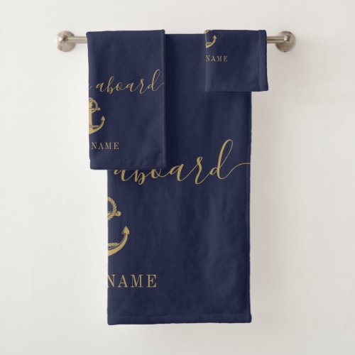 Navy Blue Gold Welcome Aboard Nautical Boat Name Bath Towel Set
