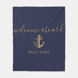 Navy Blue Gold Welcome Aboard Nautical Boat Name Fleece Blanket