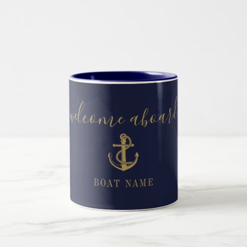 Navy Blue Gold Welcome Aboard Nautical Boat Name Two_Tone Coffee Mug