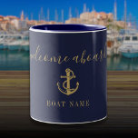 Navy Blue Gold Welcome Aboard Nautical Boat Name Two-Tone Coffee Mug<br><div class="desc">Elegant personalized welcome aboard design featuring your boat or captain's name set in classic gold text on a navy blue background. Designed by Thisisnotme©</div>
