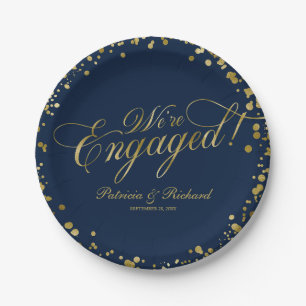 Navy Blue Gold We're Engaged Engagement Party Paper Plates