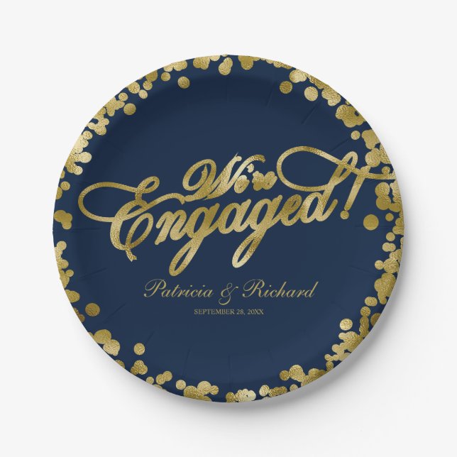 Navy Blue Gold We're Engaged Engagement Party Paper Plates (Front)