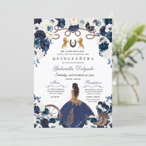 Navy Blue Gold Western Charra Ranchero Quinceanera Invitation