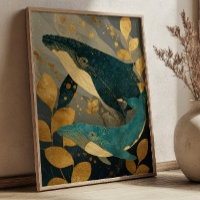 Navy Blue& Gold Whale Illustration Kintsugi Ocean