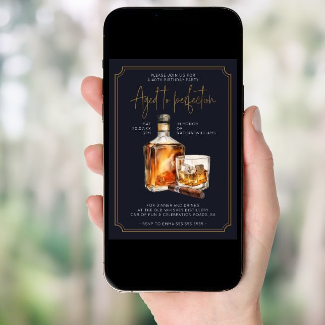 Navy Blue Gold Whiskey Bottle Birthday Invitation  (Front Digital)