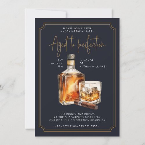 Navy Blue Gold Whiskey Bottle Birthday Invitation 