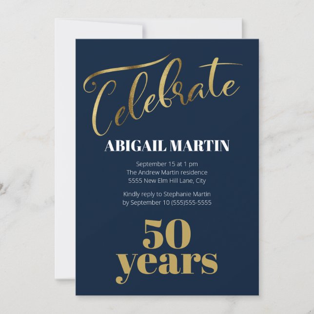 Navy Blue Gold White 50th Birthday Party Invitation (Front)